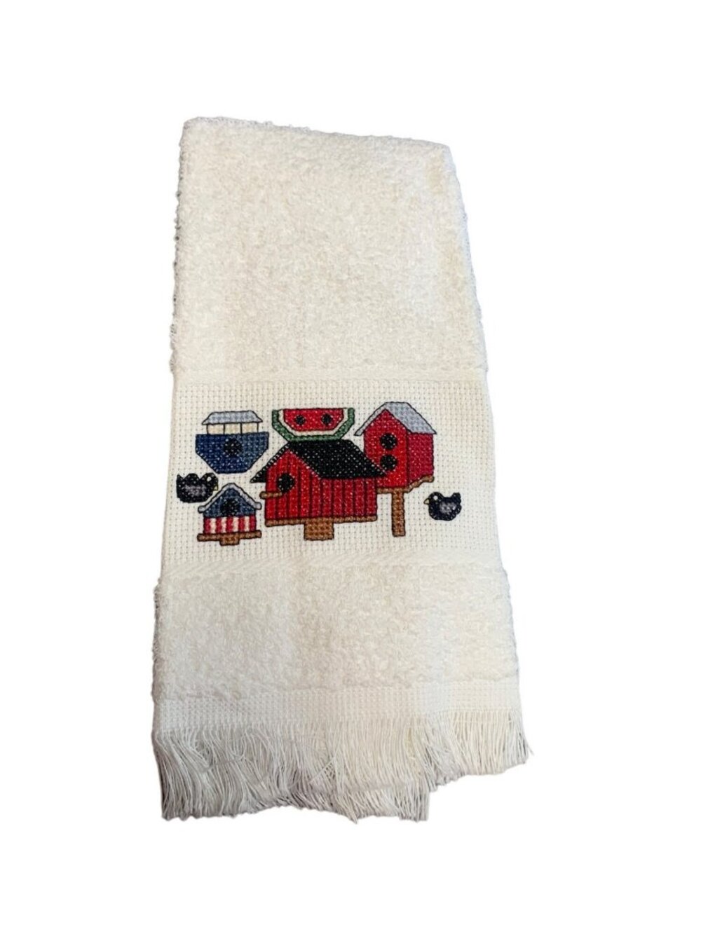 Hand Towel Cross-Stitched Birdhouses & Bird Design White Cotton Kitchen